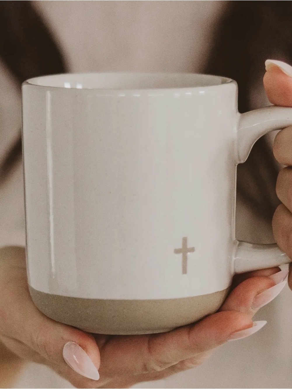 Cream and Tan Ceramic Mug with Cross Accent - Home Dining